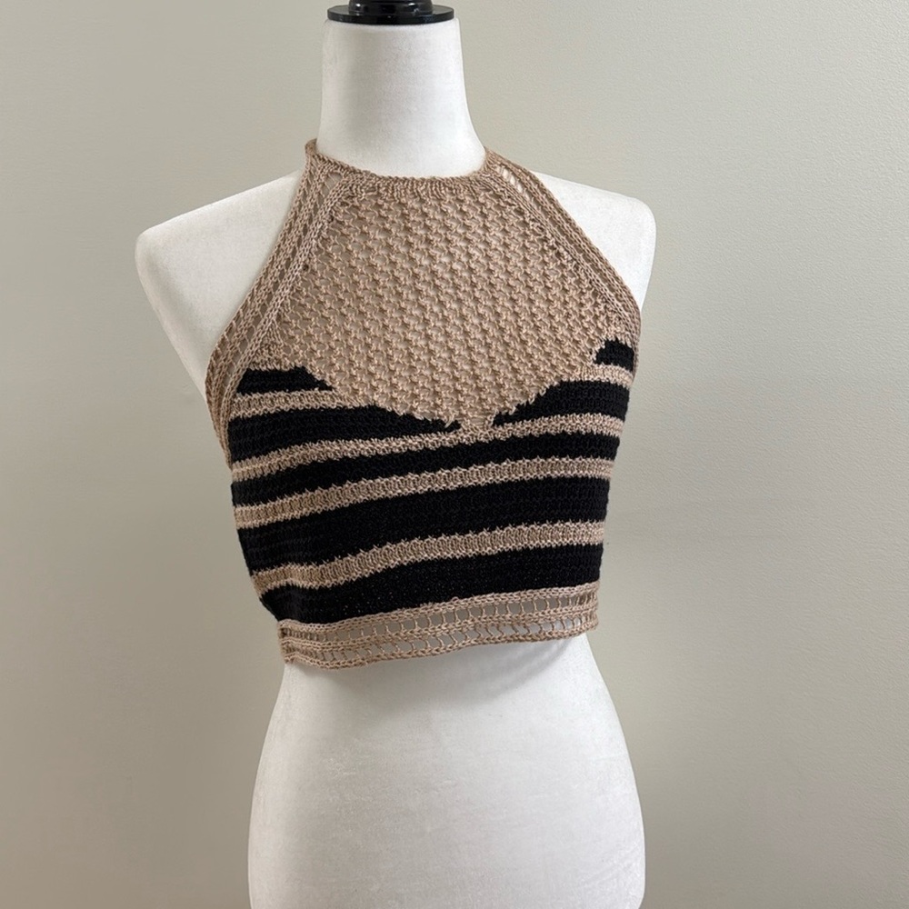 Love Knits NYC Halter Crop Top in Black and Tan Ribbed gives a Boho Style Sz. XL